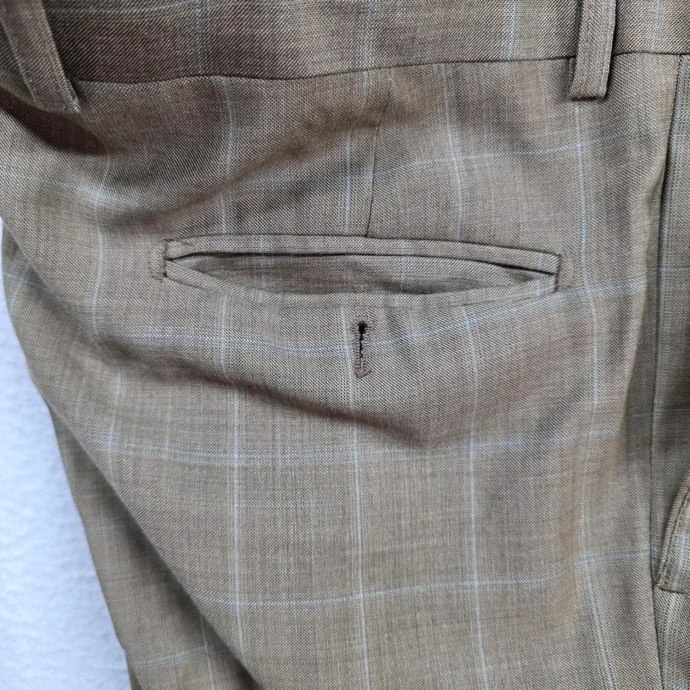 Linea Naturale Luxe Dress Pants Men 34 Tan Windowpane Wool Super 120 Italy